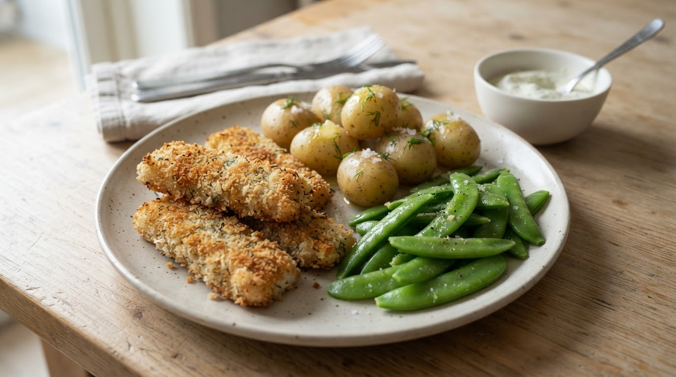 Sprø torskepinner i airfryer med nypoteter og smørdampede sukkererter – illustrasjonsbilde