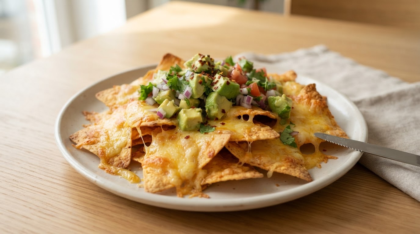 Sprø tortilla-nachos med smeltet ost og frisk avokadosalsa – illustrasjonsbilde