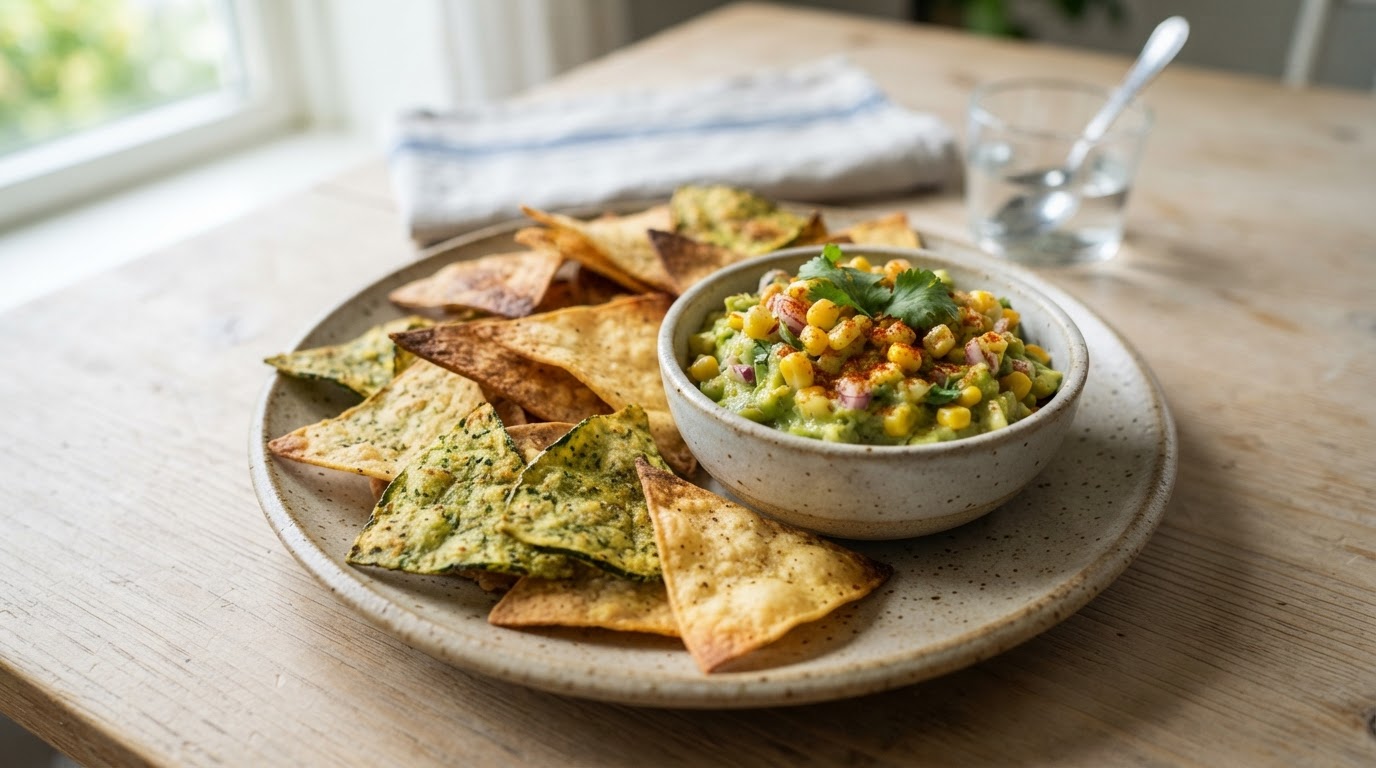 Sprø tortilla- og squashchips med mild mais- og avokadodipp – illustrasjonsbilde