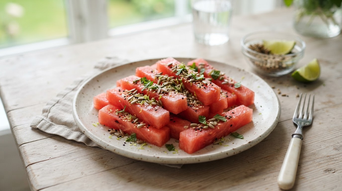 Sprø vannmelonpinner med rista frøstrø og lime – illustrasjonsbilde