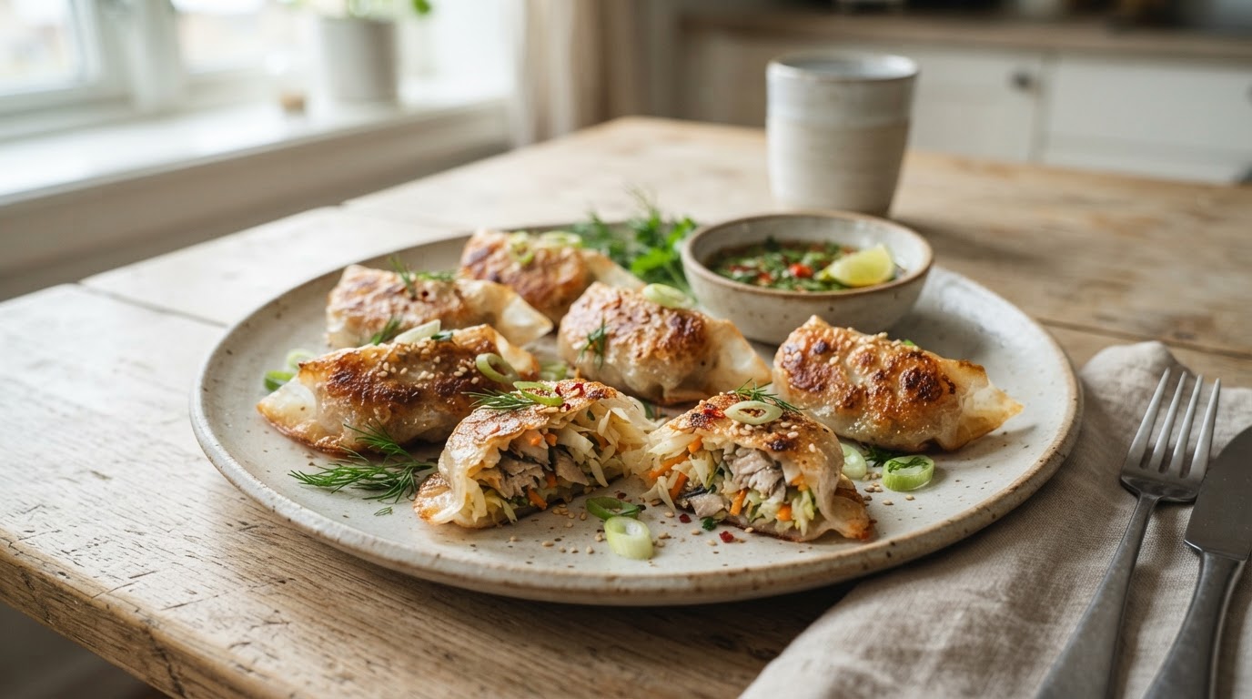 Sprø Viral Rispapirdumplings med Fersk Makrell og Høstkål – slik ser retten ut