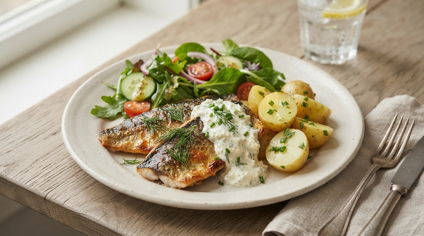 Sprøstekt fersk makrell med nypoteter og sval pepperrotdressing – illustrasjonsbilde