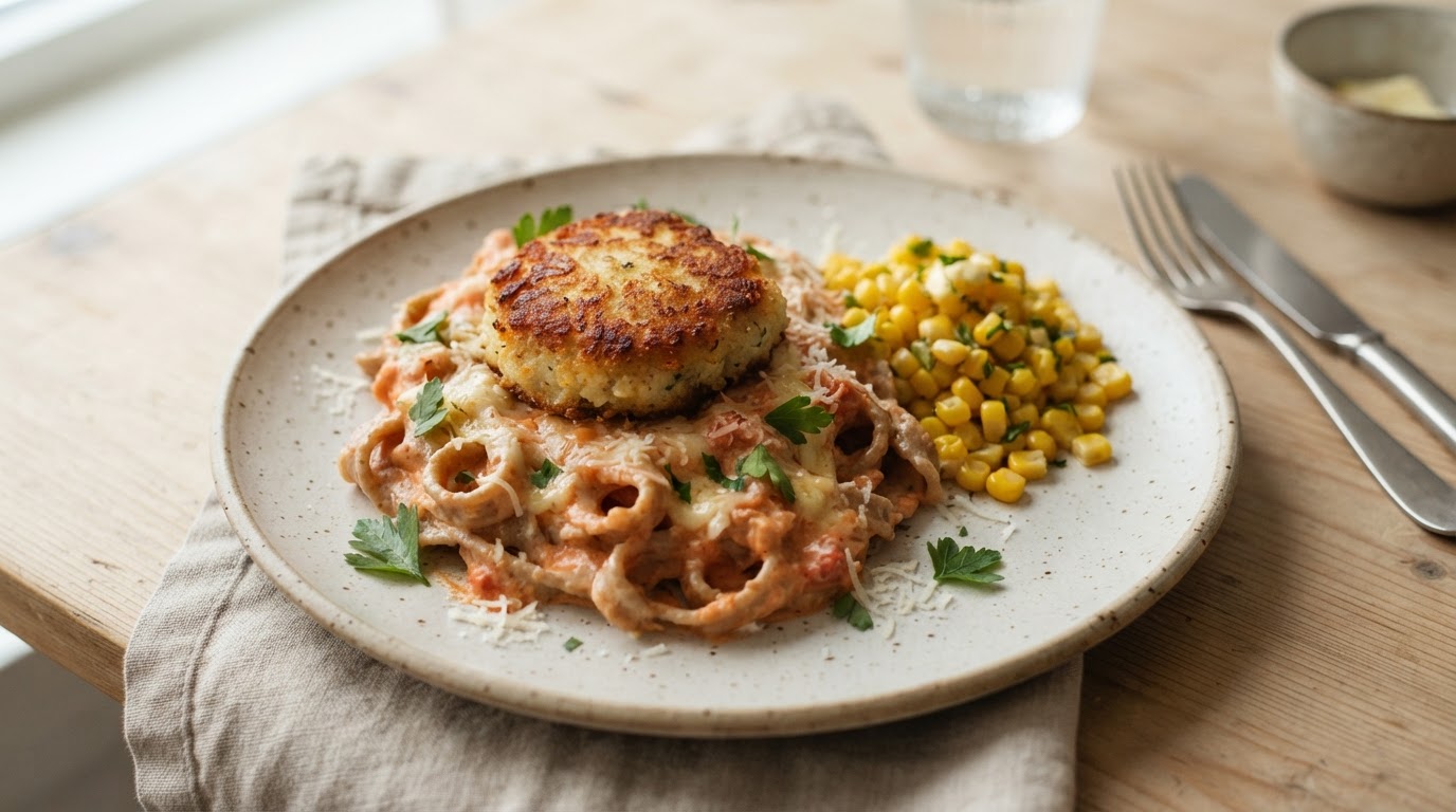 Sprøstekt fiskepudding med kremet tomastpasta og fersk mais – slik ser retten ut
