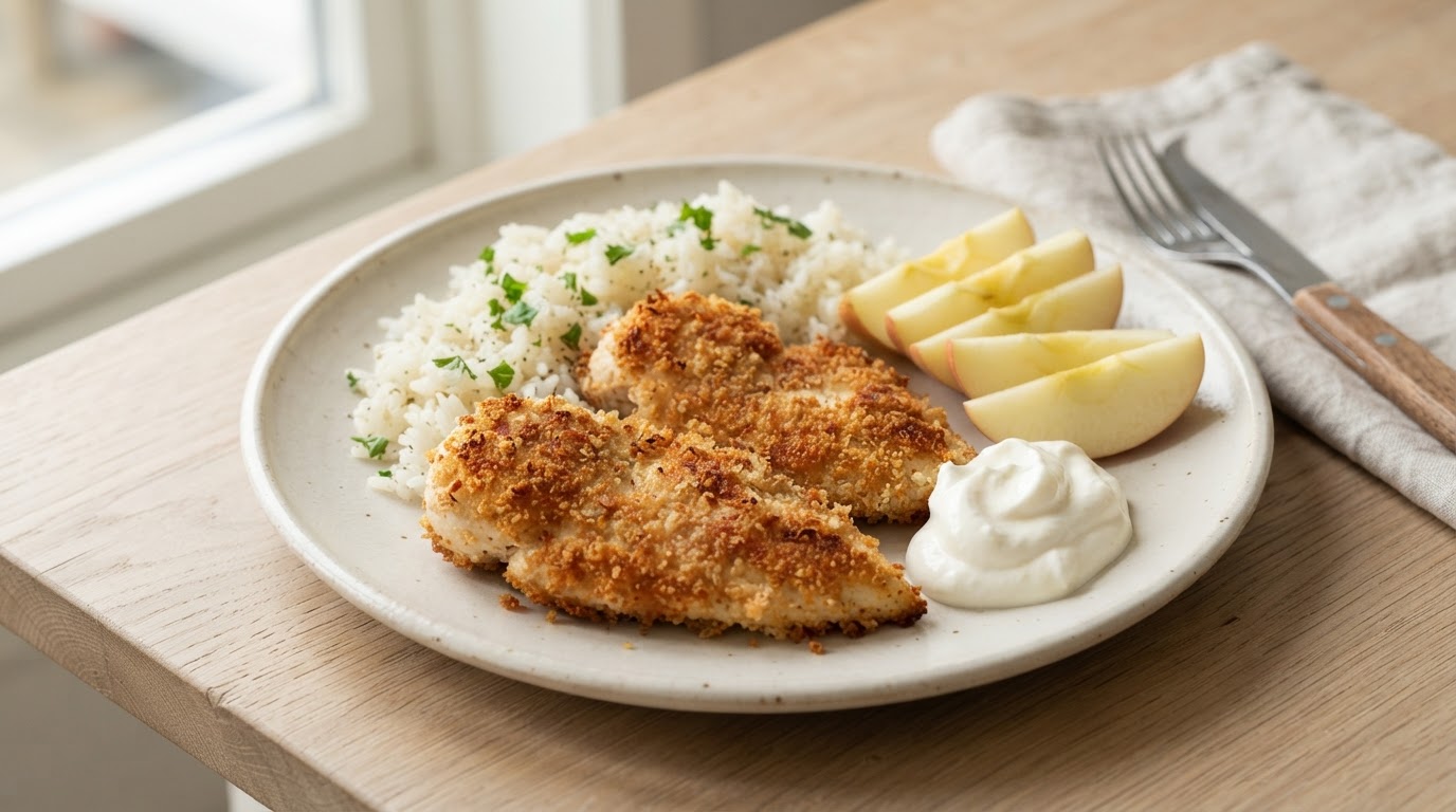 Sprøstekt kyllingfilet med ris, eplebåter og rømme – slik ser retten ut