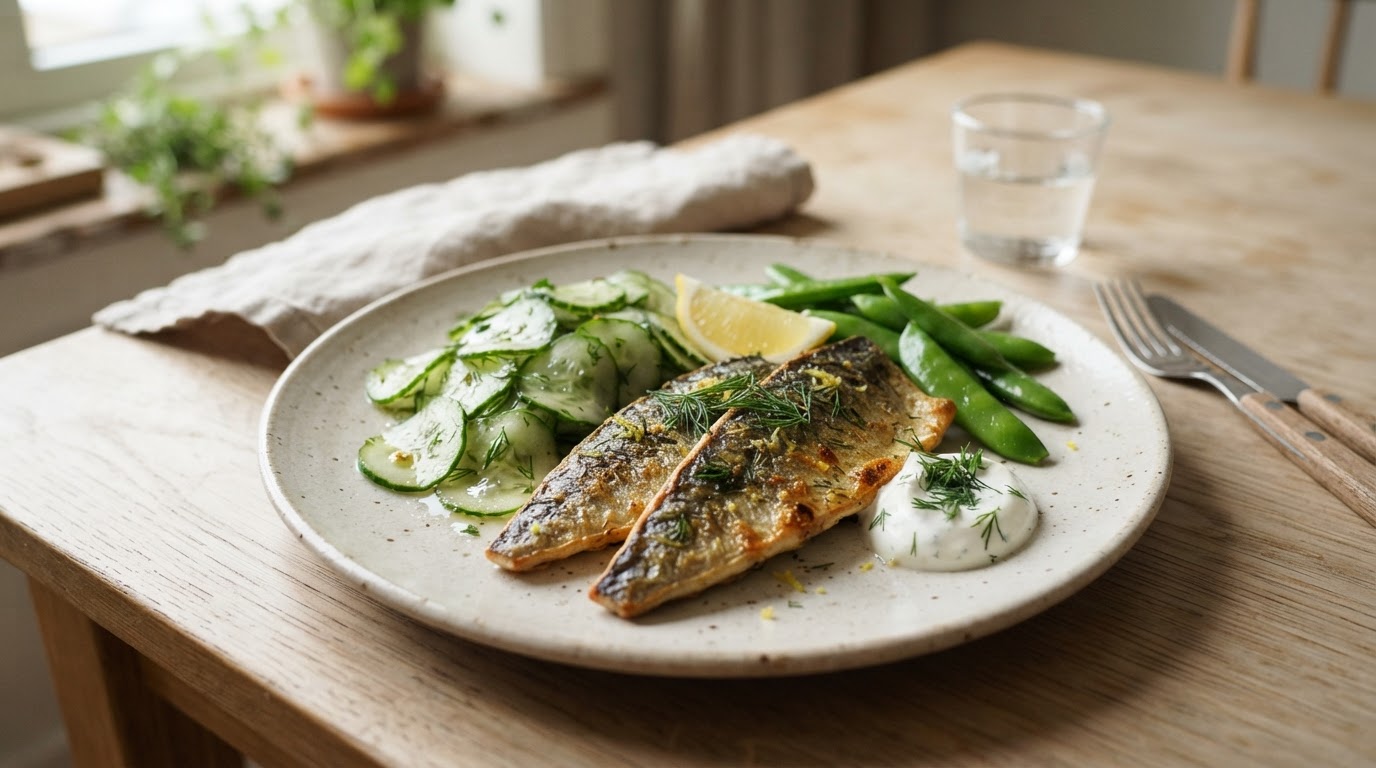 Sprøstekt makrell med fersk agurksalat og sukkererter – illustrasjonsbilde