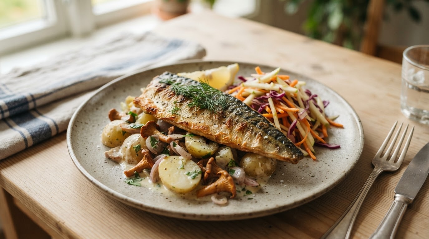 Sprøstekt makrell med lun kantarell- og potetsalat – illustrasjonsbilde