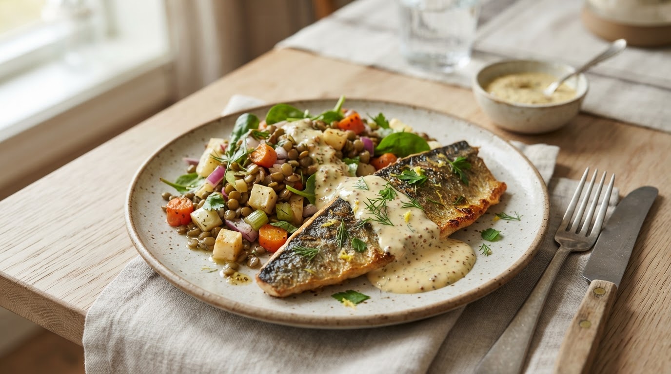 Sprøstekt makrell med varm linsesalat og sennepssaus – illustrasjonsbilde