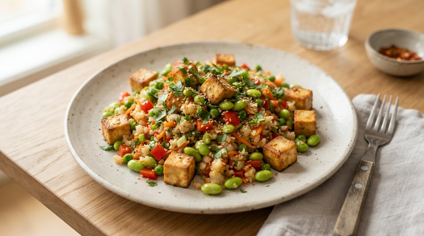Sprøstekt tofu og edamamebønner med fargerik blomkålris – illustrasjonsbilde