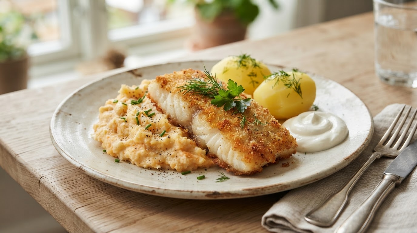 Sprøstekt torskefilet med rotfruktmos og laktosefri rømme