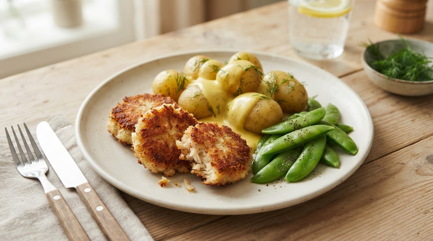 Sprøstekte fiskekaker med nypoteter og mild karrisaus – slik ser retten ut