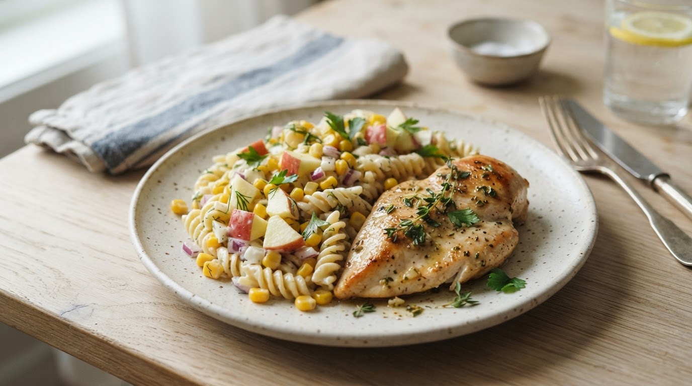 Stekt kylling med kremet pastasalat, fersk mais og norske epler – slik ser retten ut