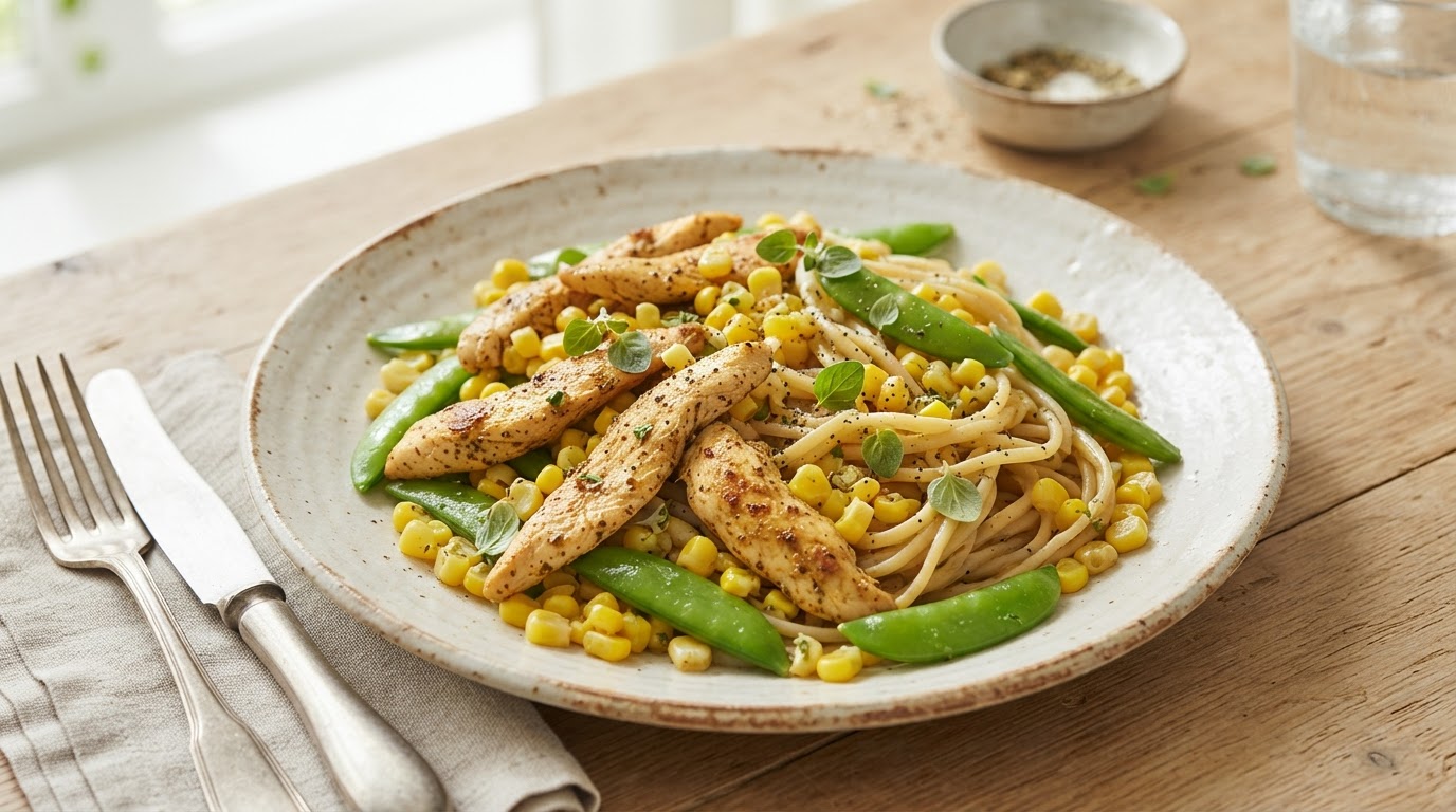 Stekt kylling og glutenfri pasta med fersk mais og sukkererter – slik ser retten ut