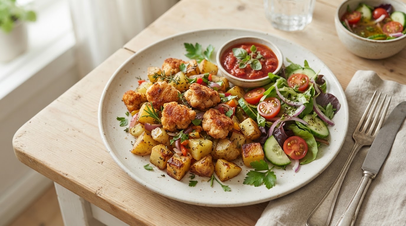 Stekt kylling- og potetpytt med frisk salat – illustrasjonsbilde