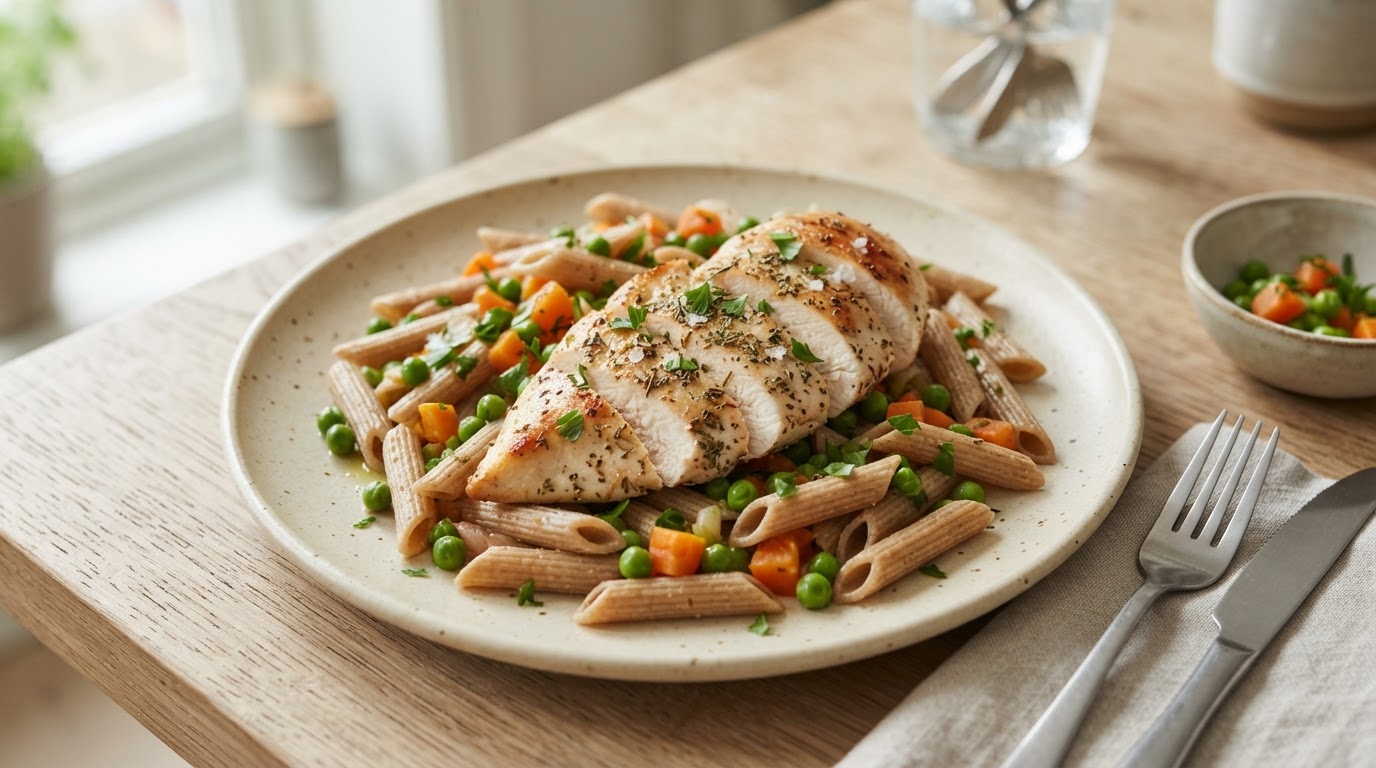 Stekt kyllingfilet med glutenfri pasta og grønnsaker – slik ser retten ut