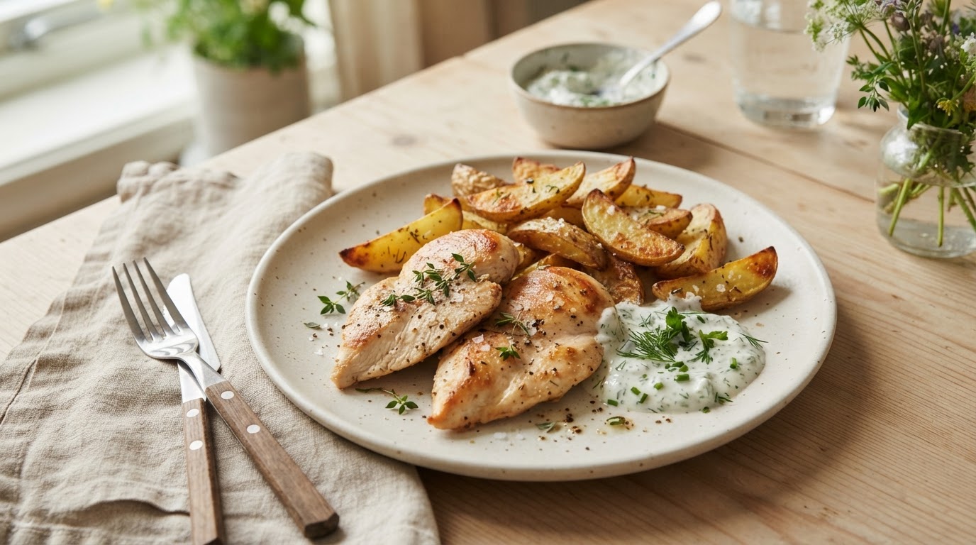 Stekt kyllingfilet med sprø potetbåter og melkefri urtedressing – illustrasjonsbilde