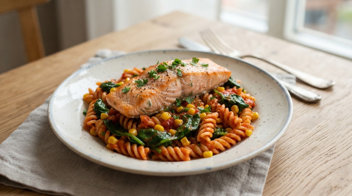 Stekt laks og glutenfri pasta i mild tomatsaus med spinat og mais – illustrasjonsbilde