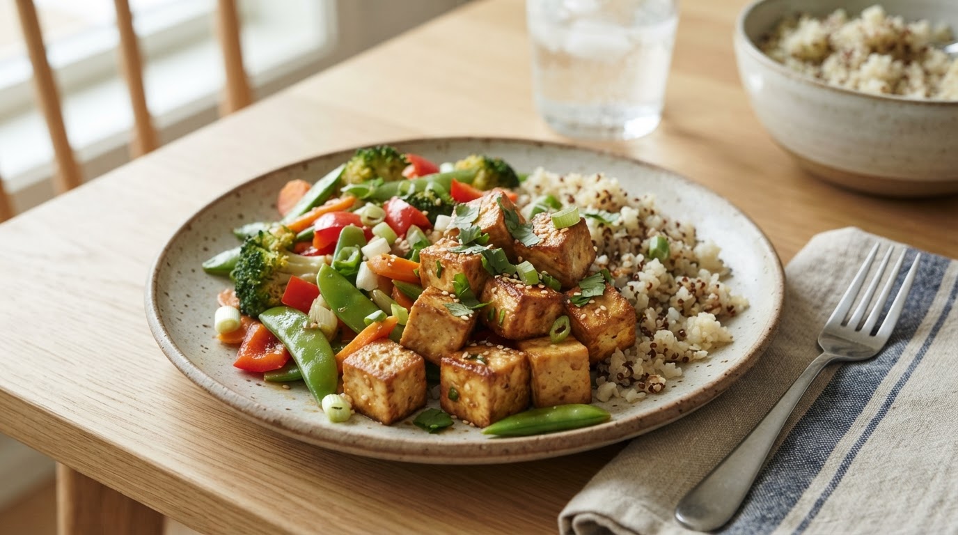 Stekt tofu med sprø grønnsaker og blomkålris – illustrasjonsbilde