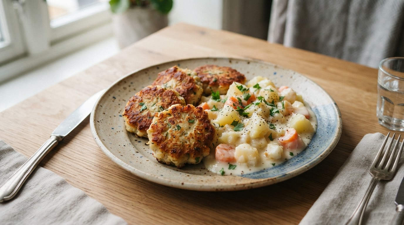 Stekte fiskekaker med kremet potet- og kålrotstuing