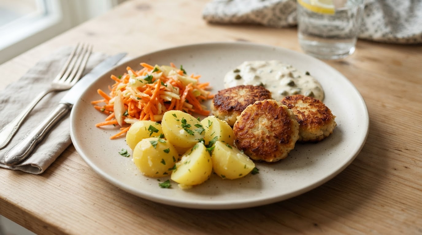 Stekte fiskekaker med poteter, råkost og melkefri remulade