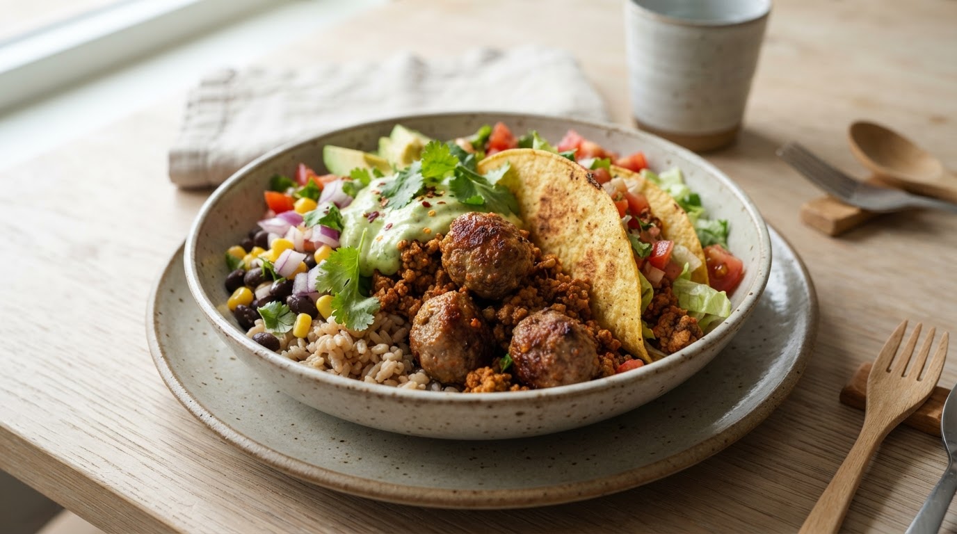 Sunn Burrito Bowl med Karbonadedeig og Avokado – illustrasjonsbilde