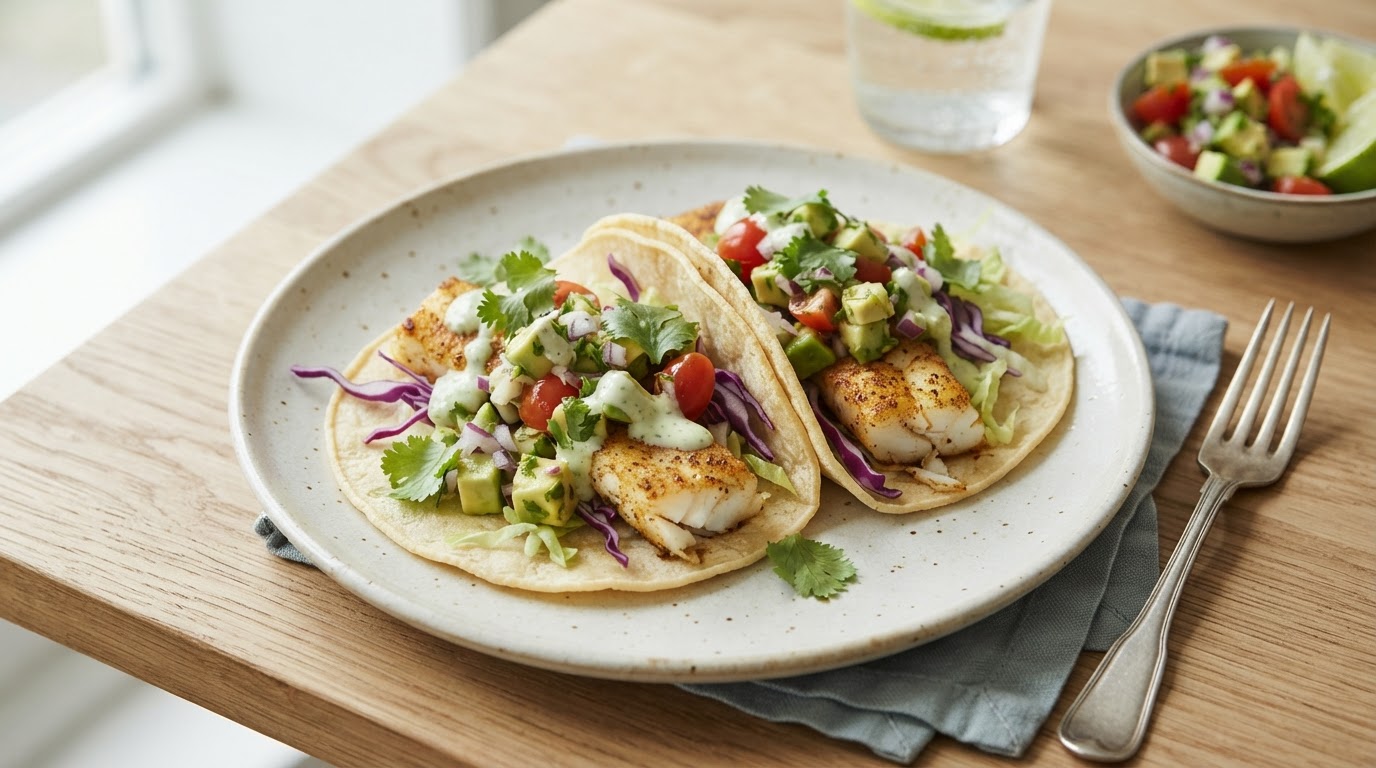 Sunn fisketaco med torsk og avokadosalsa – slik ser retten ut