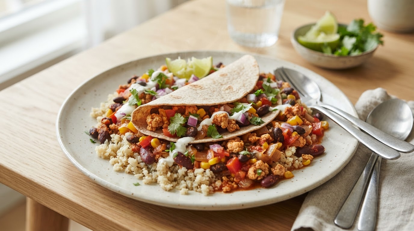 Sunn og grønnsaksrik tacogryte med kylling og blomkålris – slik ser retten ut