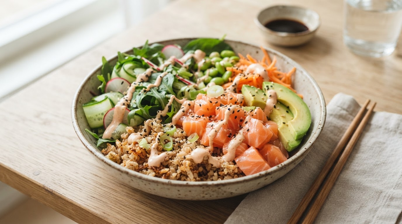Sunn og sprø sushi bowl med laks – slik ser retten ut