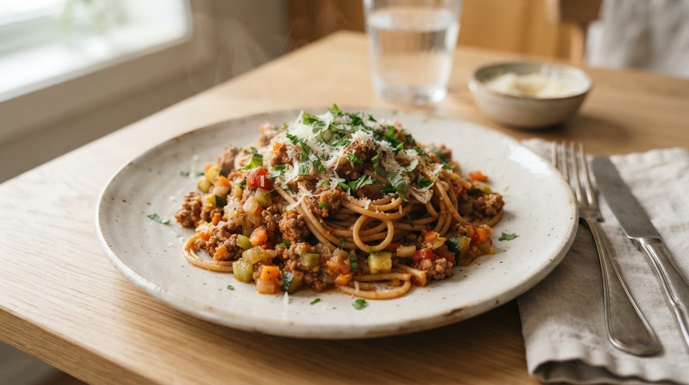 Sunn pasta bolognese med mye grønnsaker – illustrasjonsbilde
