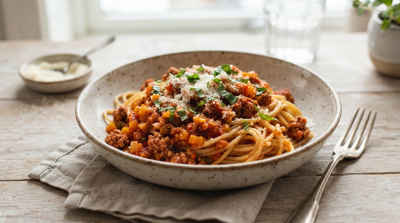 Sunn pasta bolognese med skjulte grønnsaker – illustrasjonsbilde