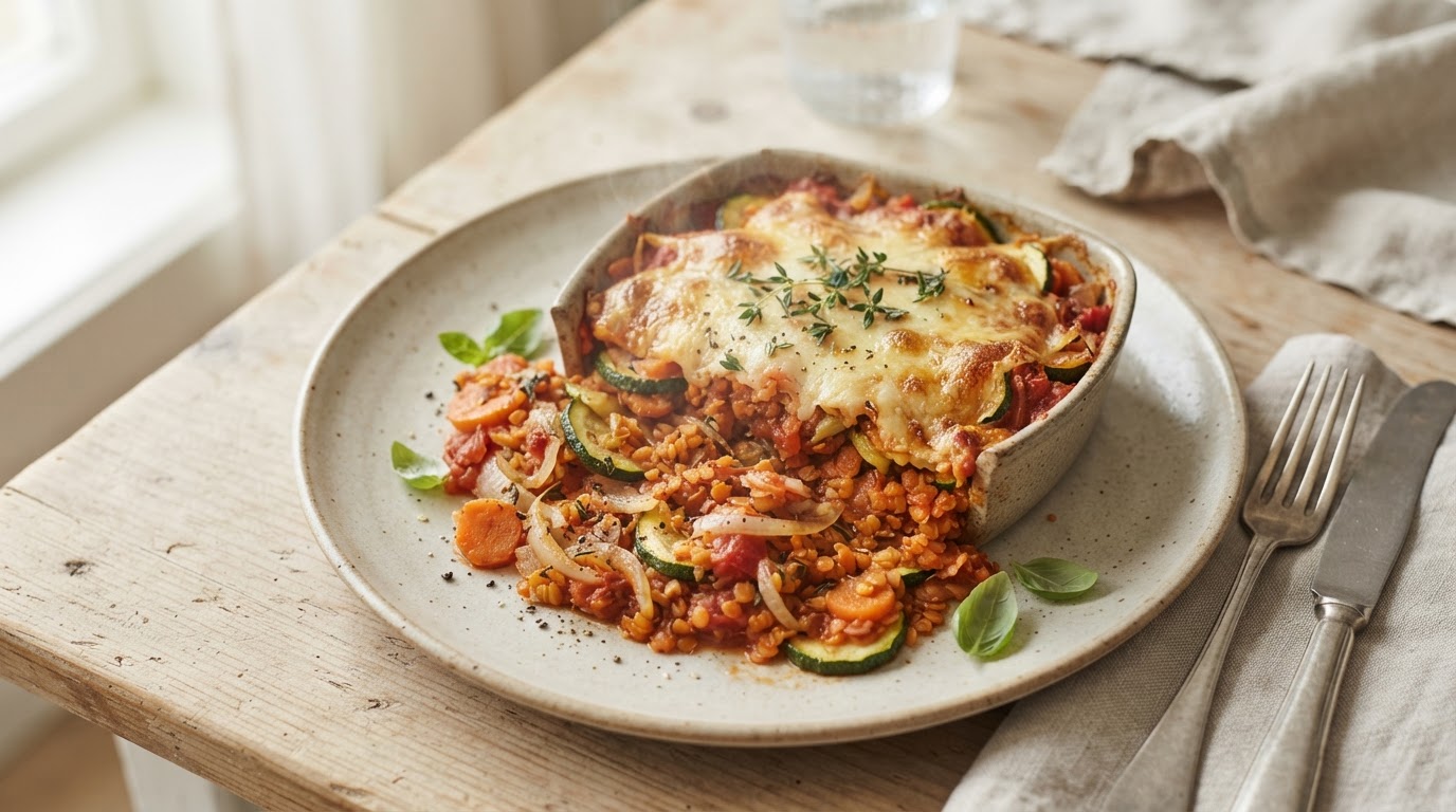 Sunn vegetargrateng med linser og squash – illustrasjonsbilde
