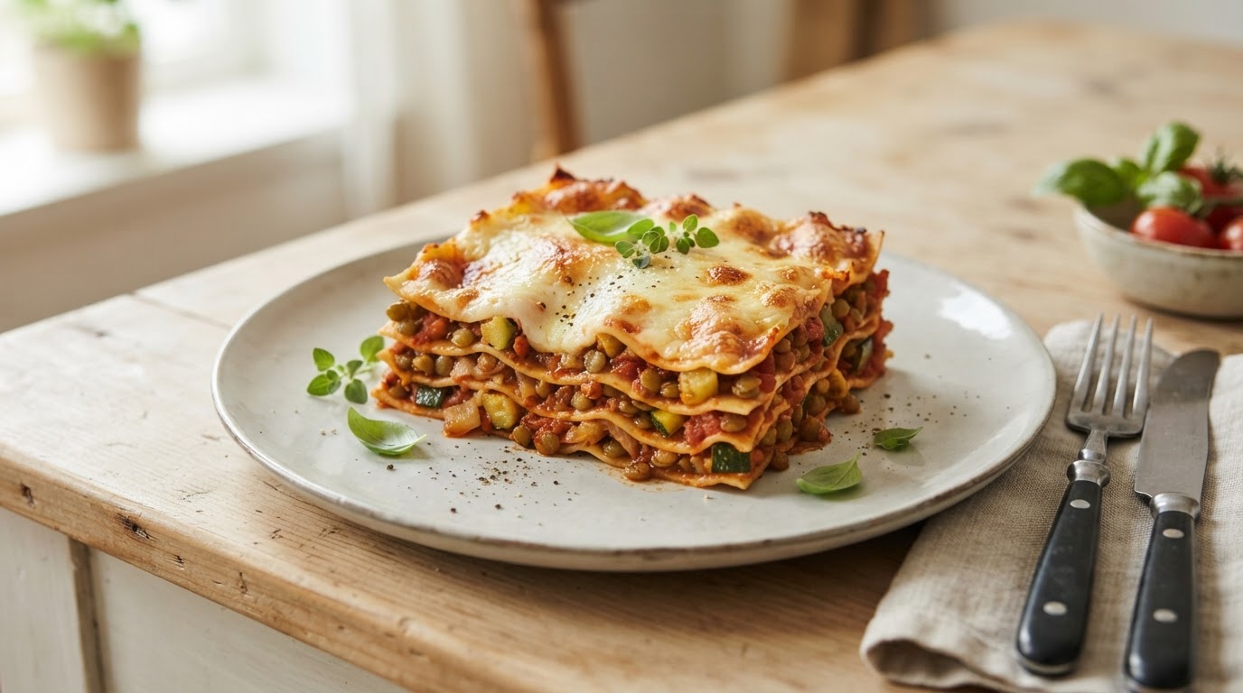 Sunn vegetarlasagne med linser og squash – illustrasjonsbilde