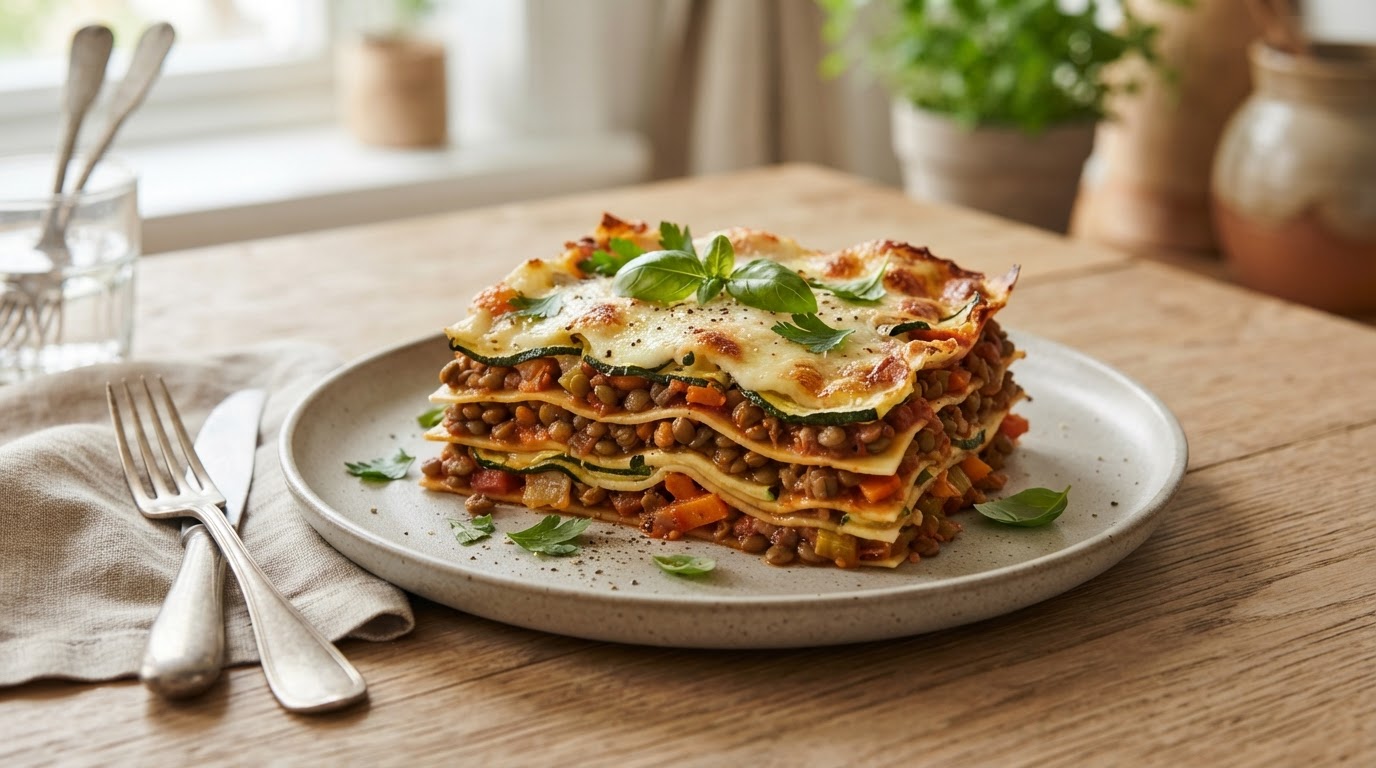 Sunn vegetarlasagne med linser og squash-«plater» – illustrasjonsbilde