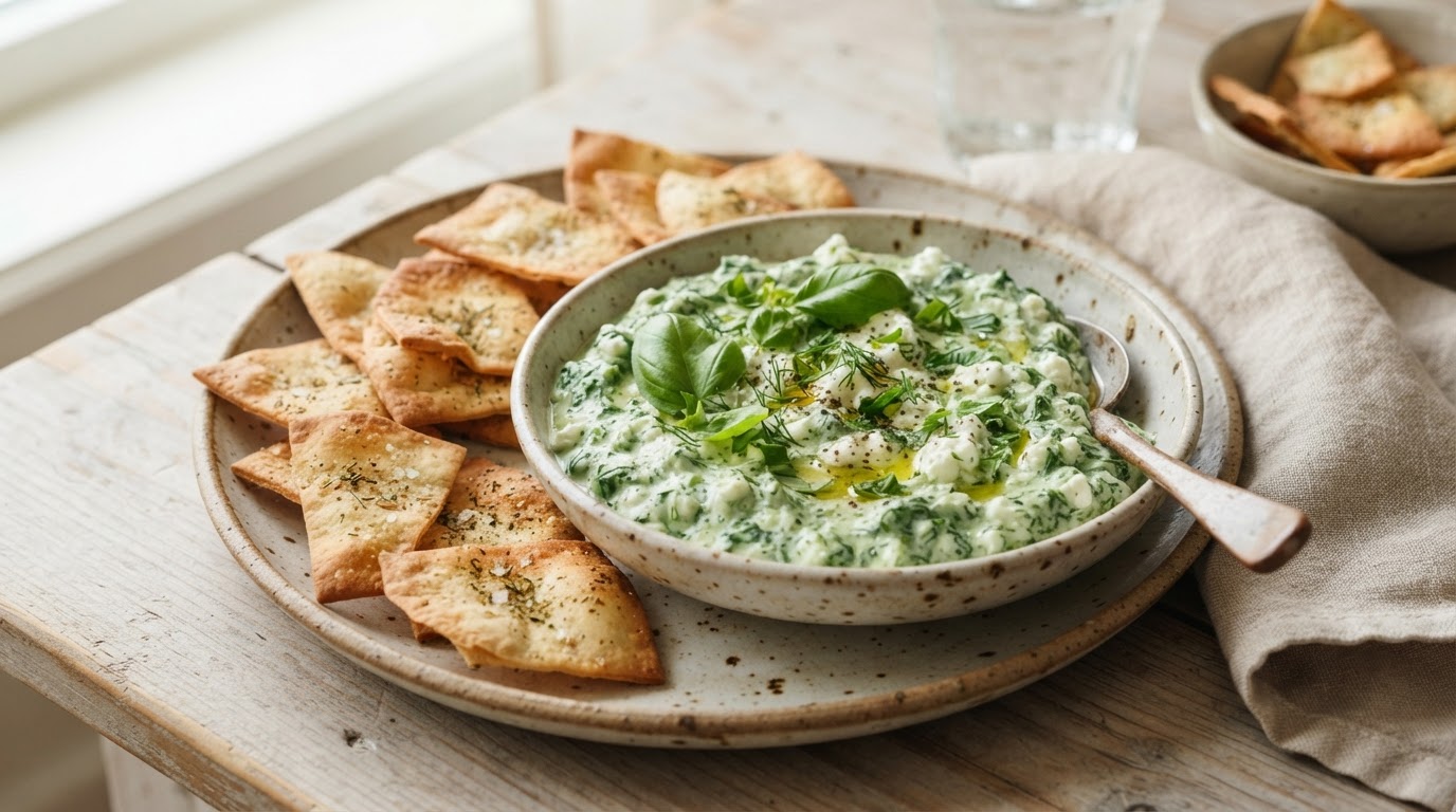 Sunn Viral Green Goddess Salatdip med Sprø Pitachips – slik ser retten ut