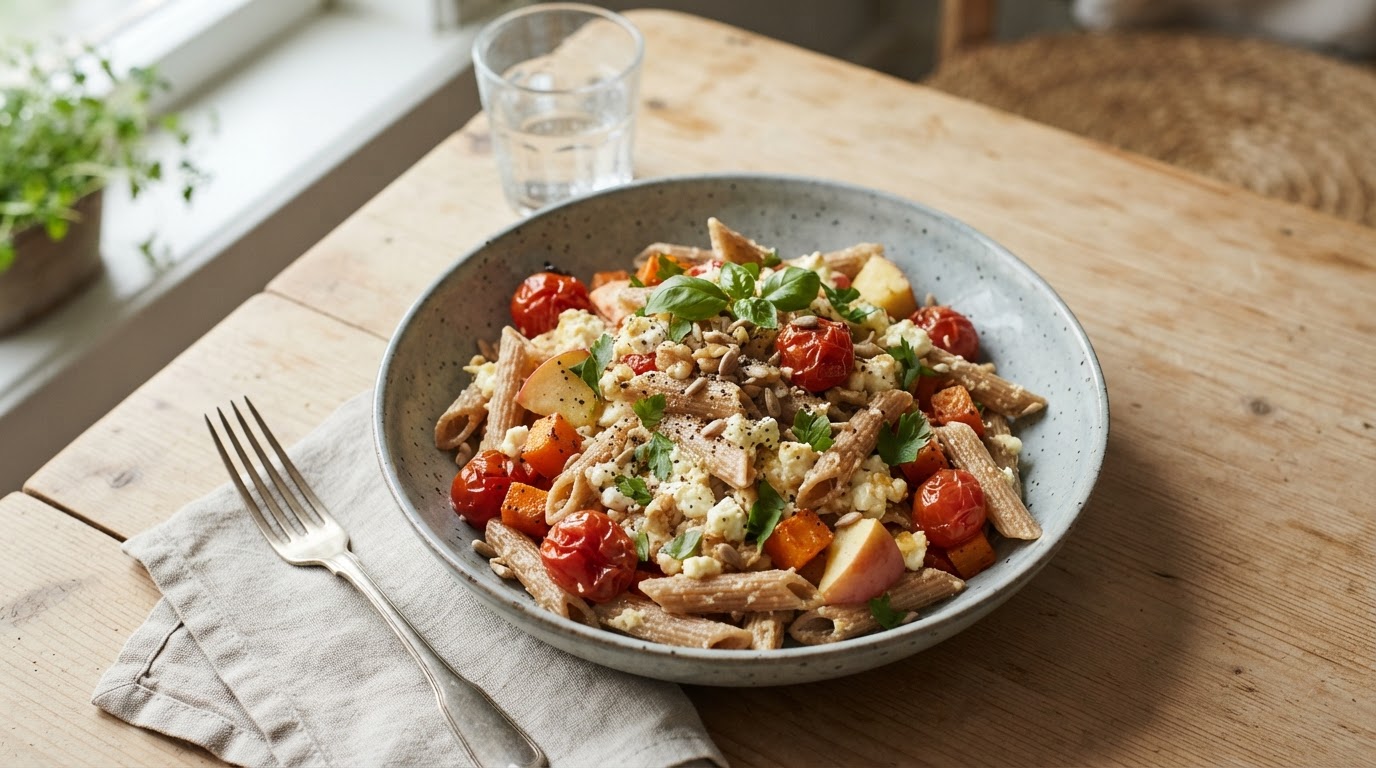 Sunnere baked feta pasta med norske epler og rotgrønnsaker – slik ser retten ut