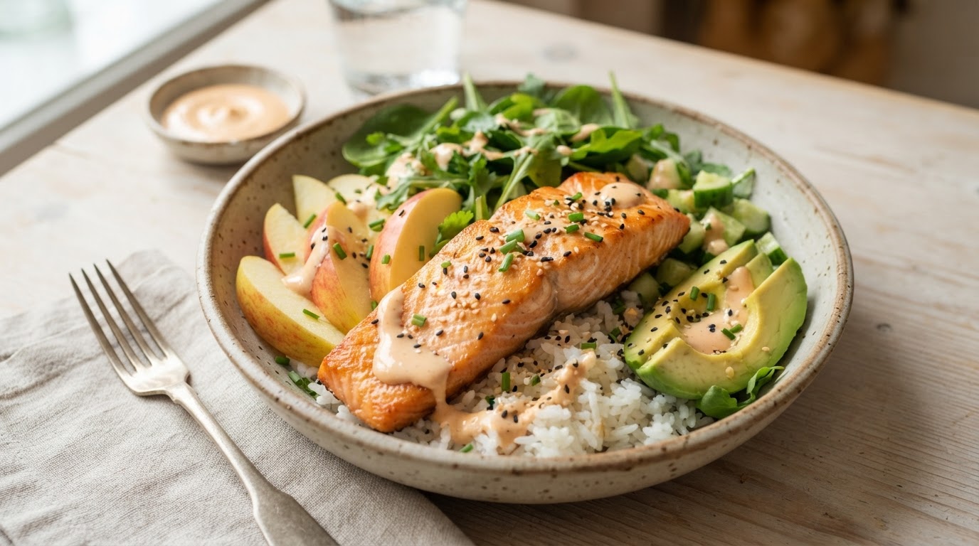 Sunnere Salmon Rice Bowl med Norske Epler – slik ser retten ut