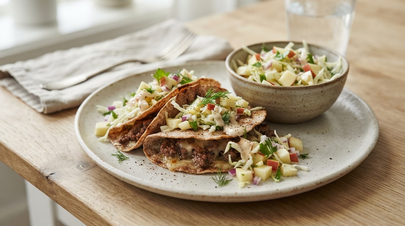 Sunnere Smash Burger Tacos med Frisk Eple- og Kålsalat – slik ser retten ut