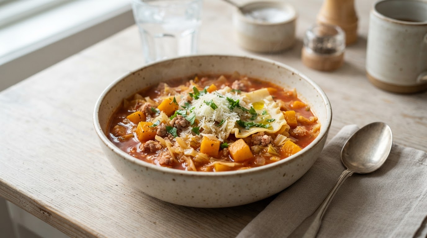 Sunnere Viral Lasagnesuppe med Gresskar og Høstkål – slik ser retten ut