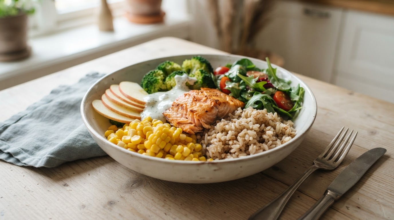 Sunnere Viral «Salmon Rice Bowl» med Norske Epler og Fersk Mais – slik ser retten ut