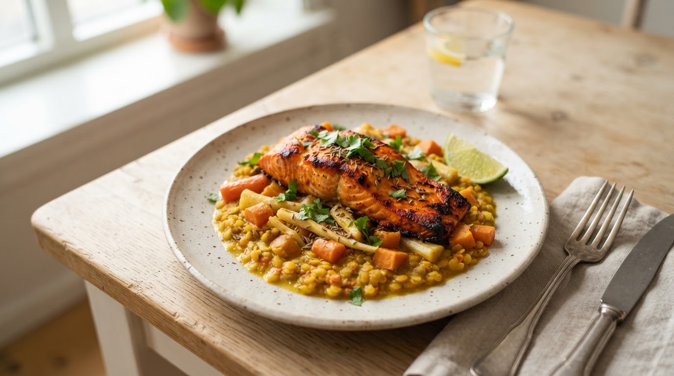 Tandoori-laks med kremet linsedal og rotgrønnsaker – slik ser retten ut