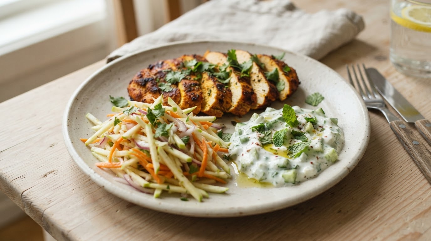Tandoorimarinert kalkunschnitzel med epleråkost og mynteraita – illustrasjonsbilde