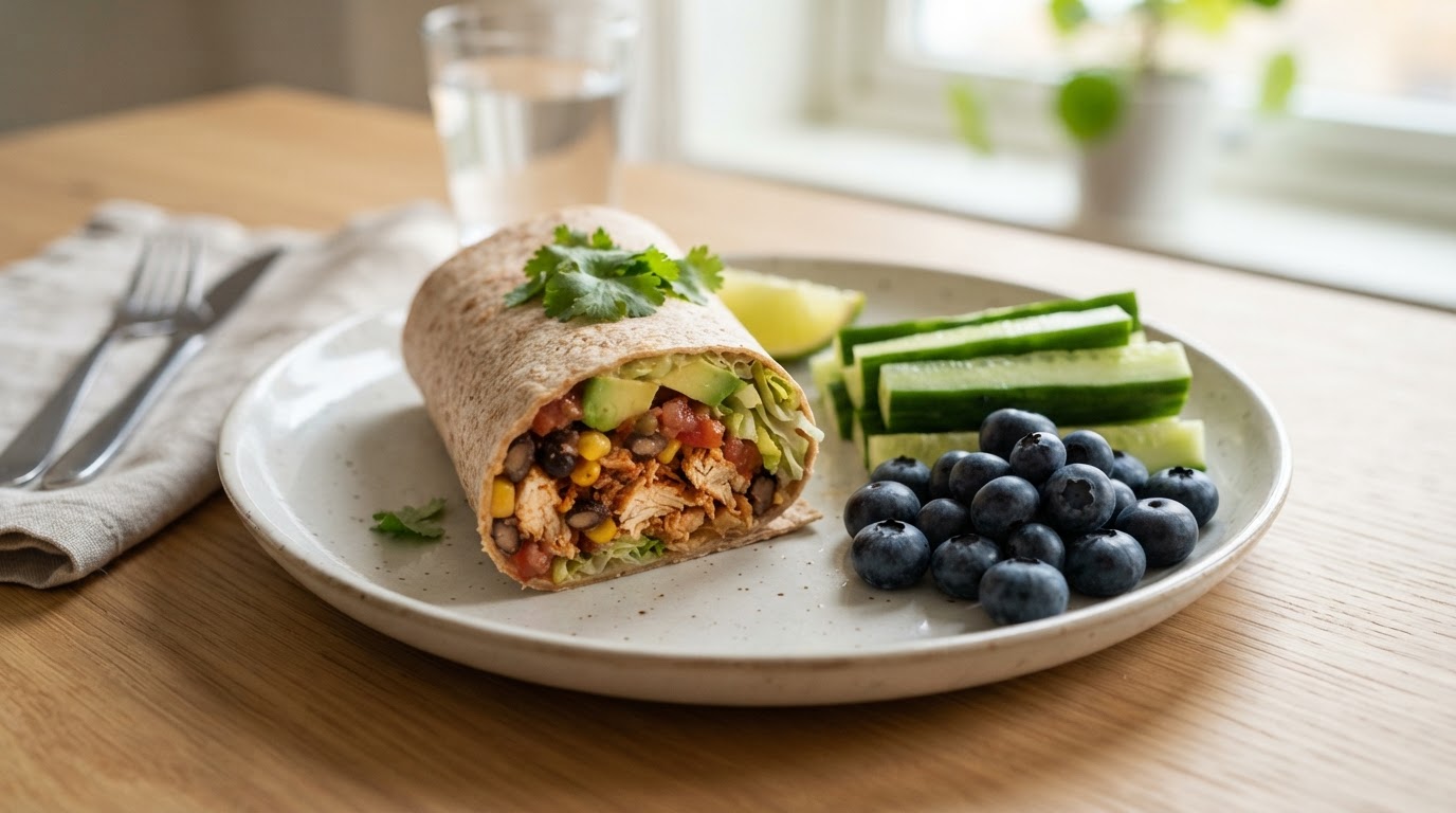 Tex-Mex Kylling-wraps med agurk og bær – illustrasjonsbilde