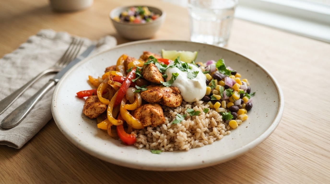 Tex-Mex kyllingskål med fullkornsris og lettrømme – illustrasjonsbilde
