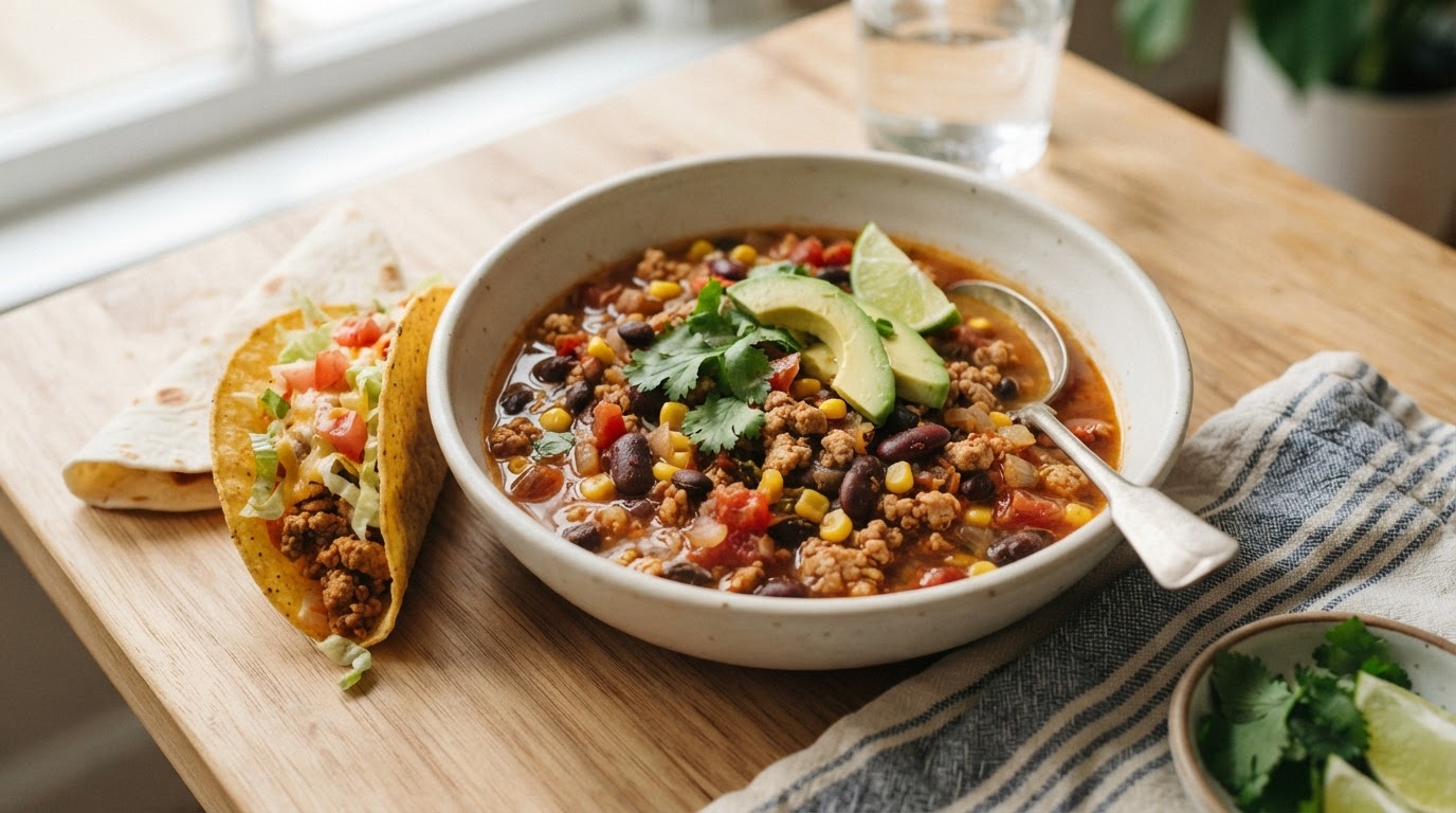 Tex-Mex taco- og kalkunsuppe med bønner – illustrasjonsbilde