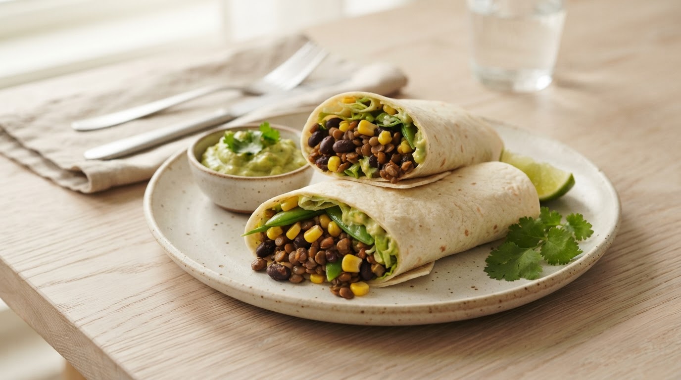 Tex-Mex vegetarwraps med bønner, fersk mais og sukkererter – slik ser retten ut