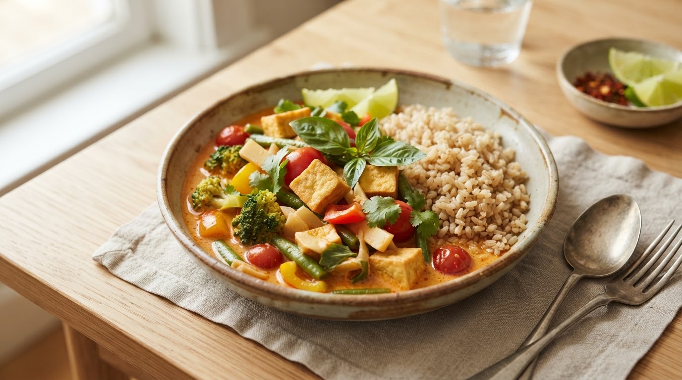 Thaikurry med tofu, grønnsaker og fullkornsris – slik ser retten ut