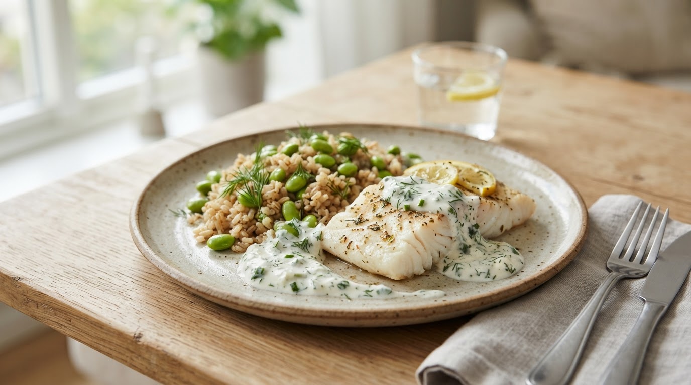 Torskefilet med edamamebønner, fullkornsris og kesamdressing – illustrasjonsbilde