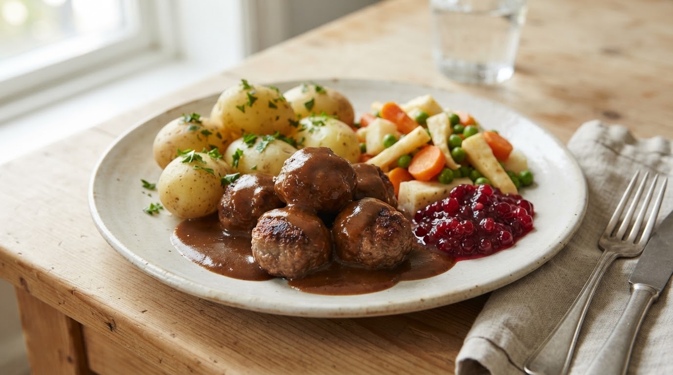Tradidsjonelle kjøttkaker med nypoteter, brun saus og rotgrønnsaker – slik ser retten ut