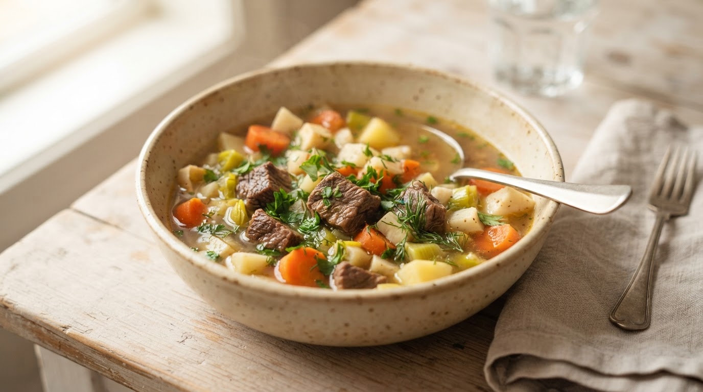 Tradisjonell norsk storfesuppe med rotgrønnsaker – slik ser retten ut