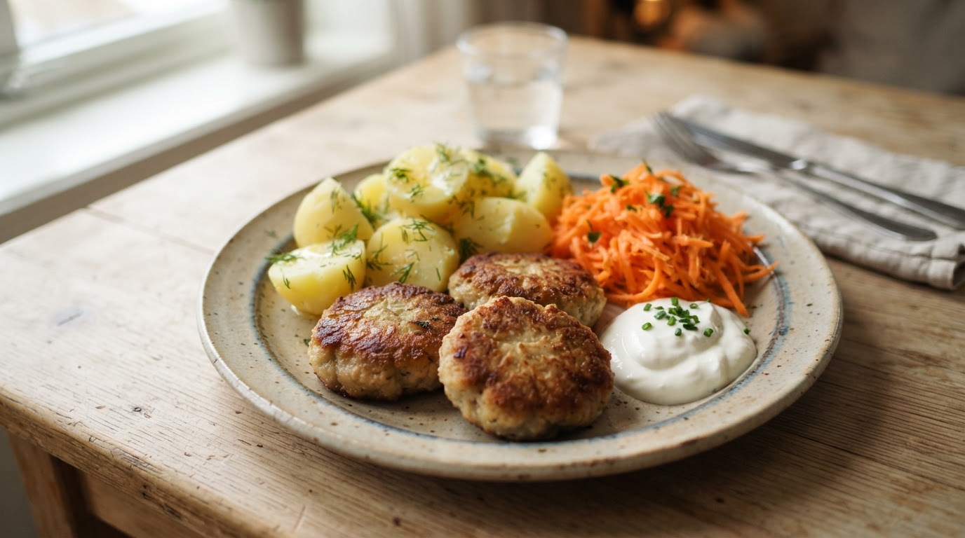 Tradisjonelle glutenfrie fiskekaker med poteter, råkost og rømme – illustrasjonsbilde