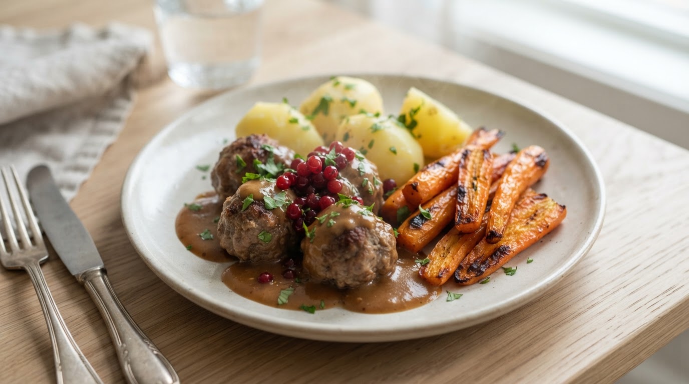 Tradisjonelle Kjøttkaker med Brun Saus, Poteter og Ovnsbakte Gulrøtter – slik ser retten ut